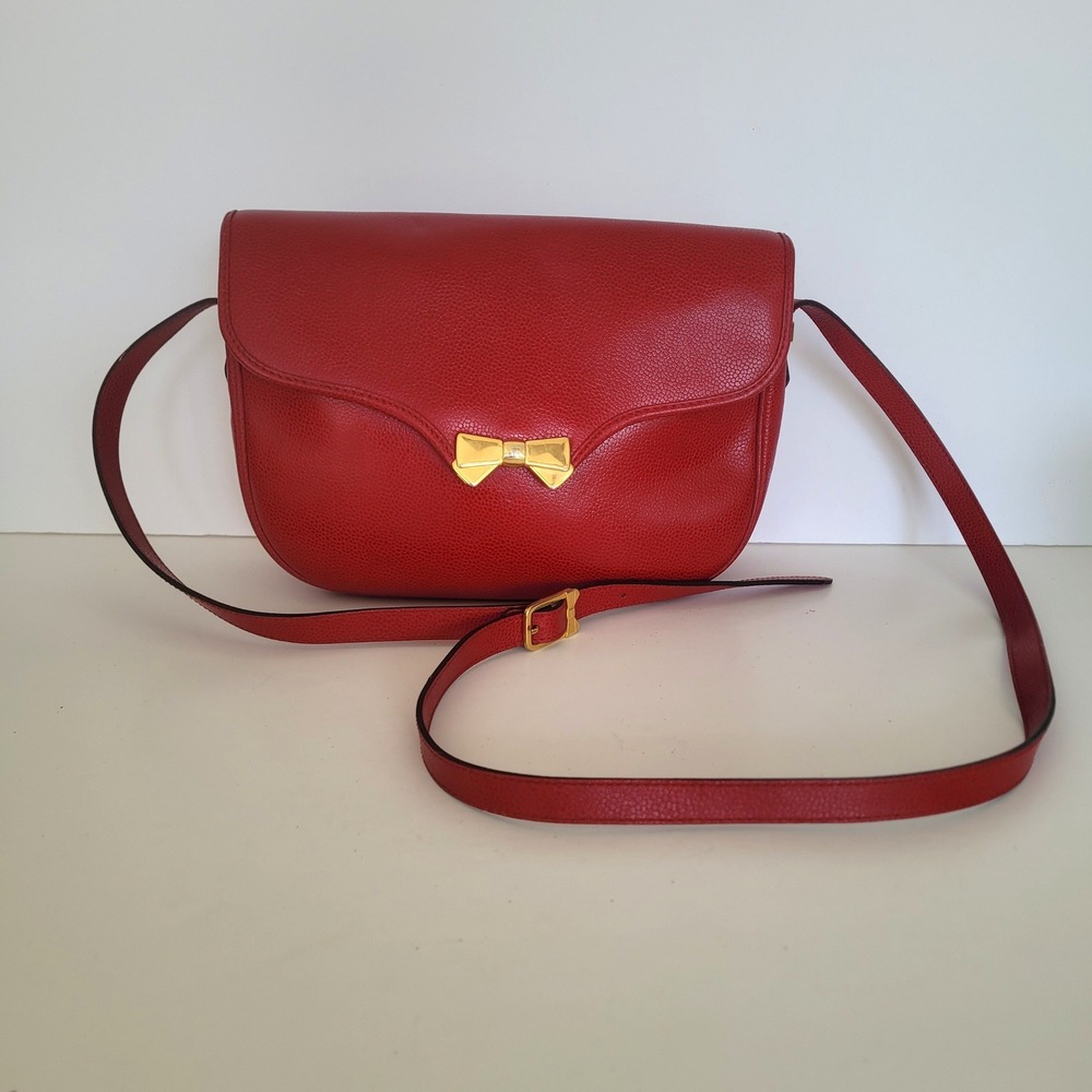 Nina Ricci Paris Red Pebbled Leather Bow Crossbody Bag Vintage Made in France